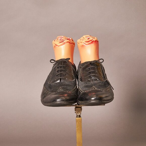 1990s Dune Wingtip Black Suede and Patent Leather Shoes main image 11
